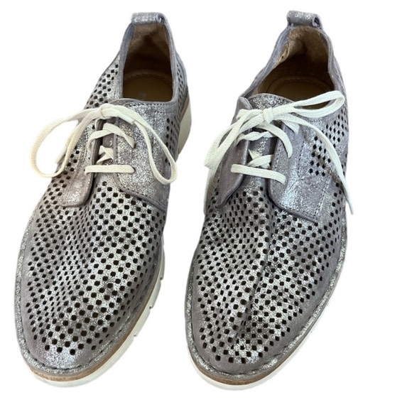 Trask Shoes - Trask Lena Perforated Metallic Leather Sneaker Silver Size 8